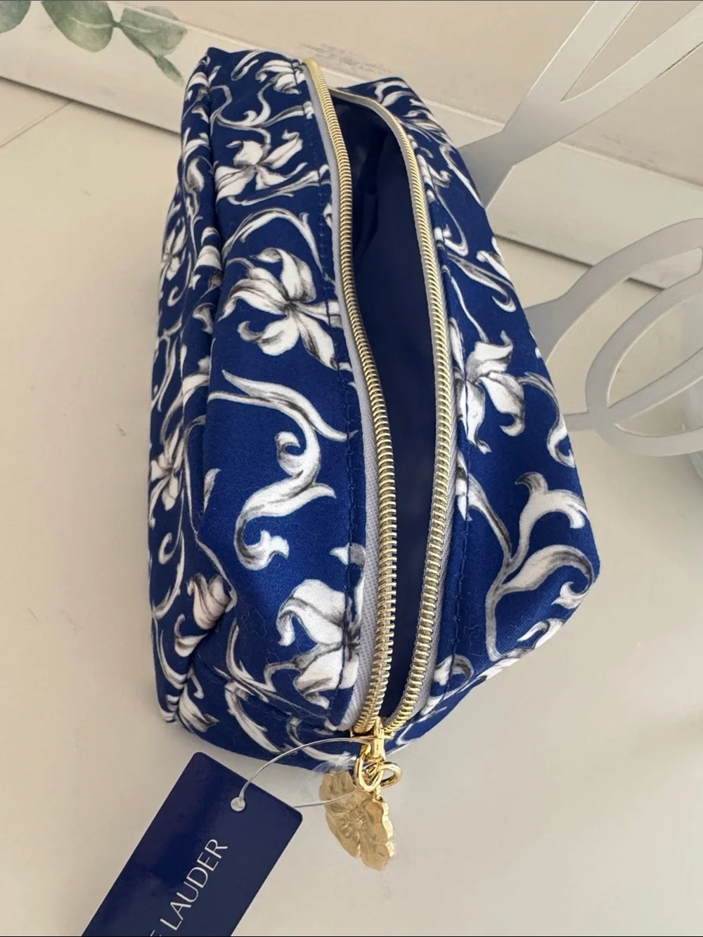 Estee Lauder Navy Blue & White Floral Cosmetic Pouch with Gold Zipper